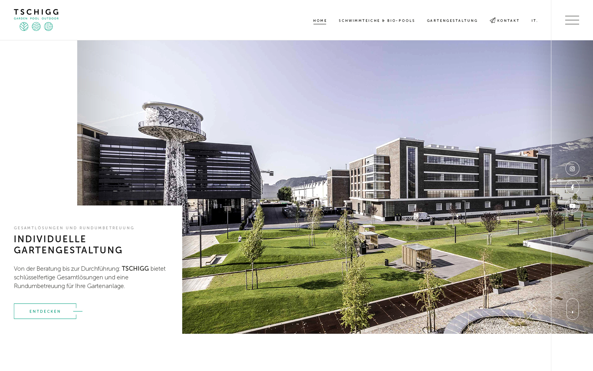 Web-Preview für Gartengestaltung mit großformatiger Fotografie einer Grünanlage.